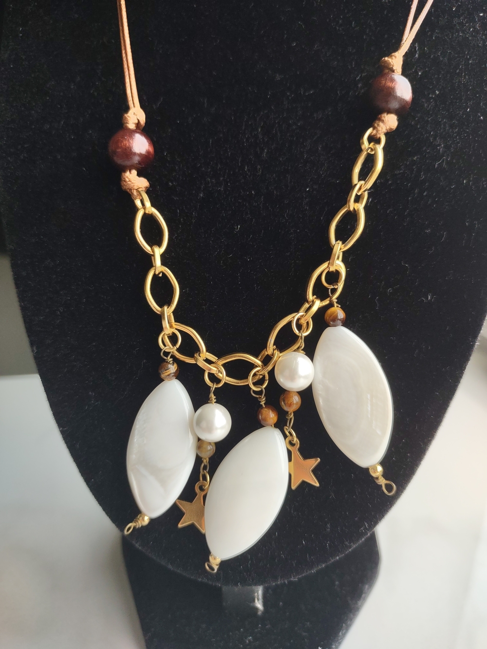 Gold Chain Necklace with White Oval Pendants and Brown Beads